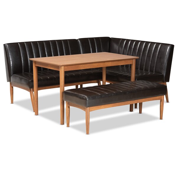 Baxton Studio Daymond Mid-Century Dark Brown Faux Leather and Walnut Brown Finished Wood 4-PC Dining Nook Set 186-11349-11351-9305-Zoro - main